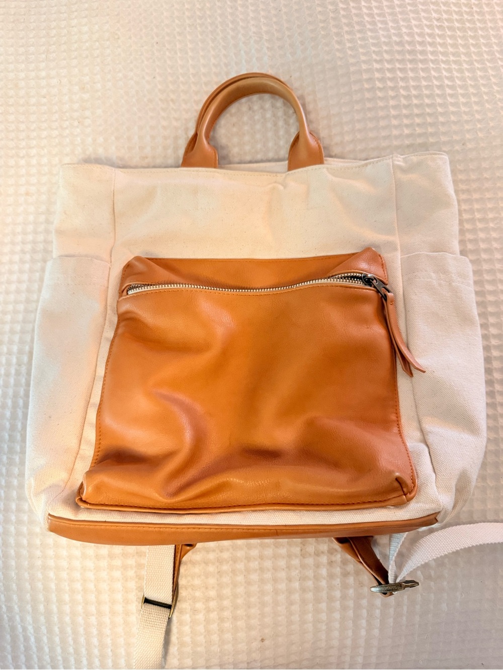 Canvas Tote Backpack with Tan Leather Pocket